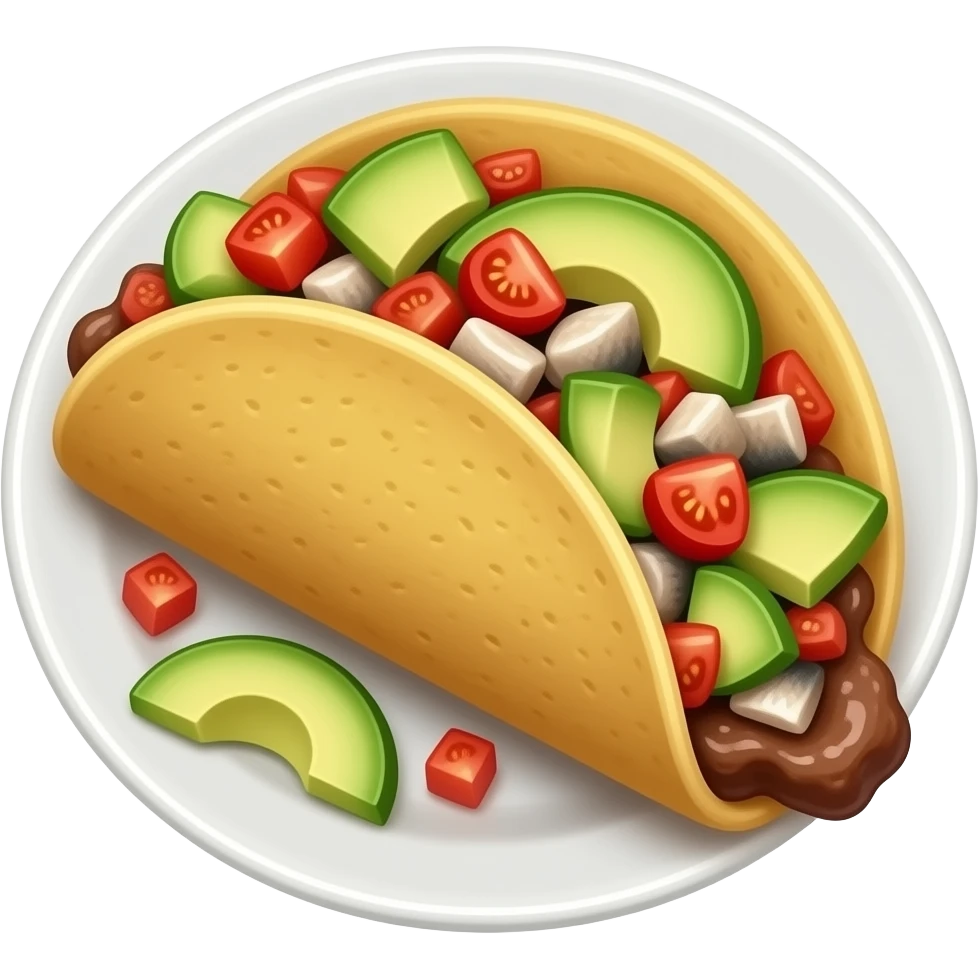 tacos de sardina en pedazos, con aguacate y jitomate servidos en un plato blanco plano emoji