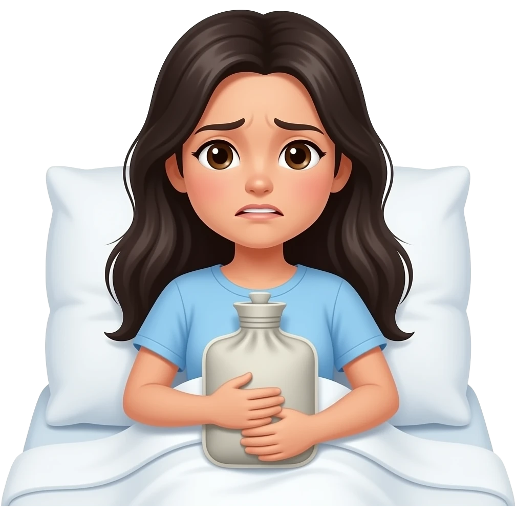 Girl with long black hair In bed with hot water bag stomach pain emoji
