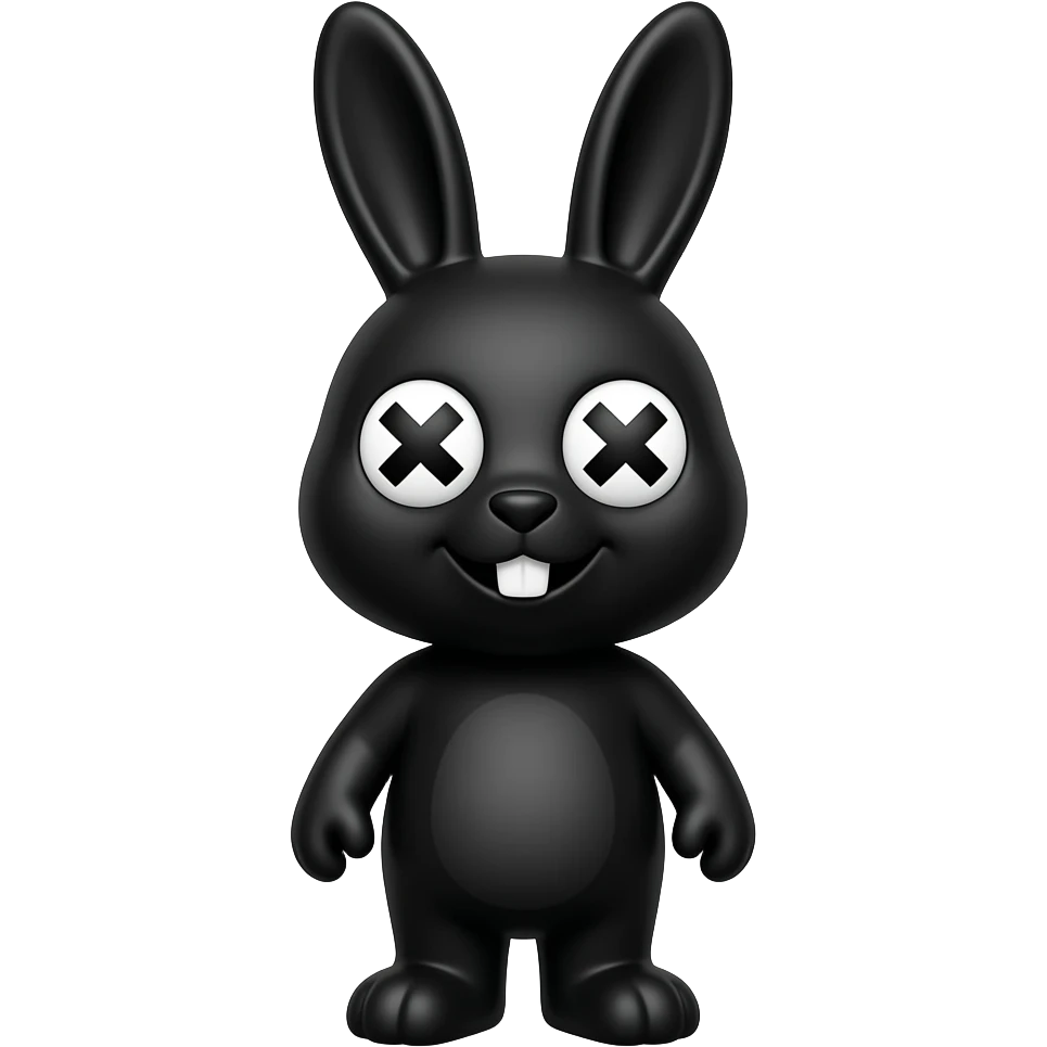 A black rabbit with a circle face with thick white crosses for the eyes and a plan white smile open emoji