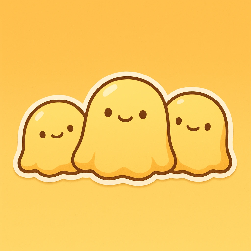 minimalist animation emoji: three cute yellow jelly creatures with black dot eyes, swaying gently, on a yellow to orange gradient background, looped emoji