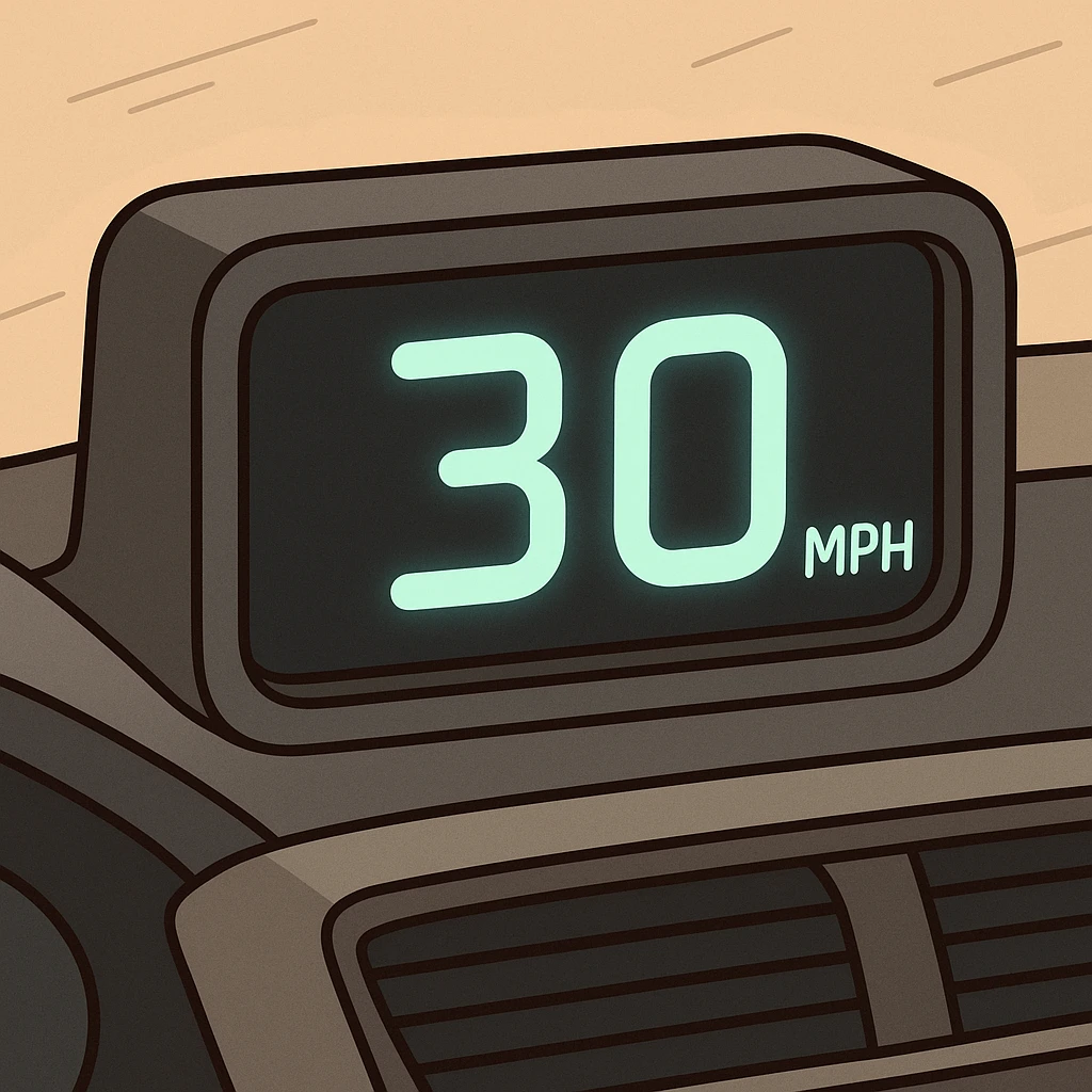 digital speed meter display showing 30 MPH, sleek and minimal, glowing numbers, modern dashboard look, no extra text emoji