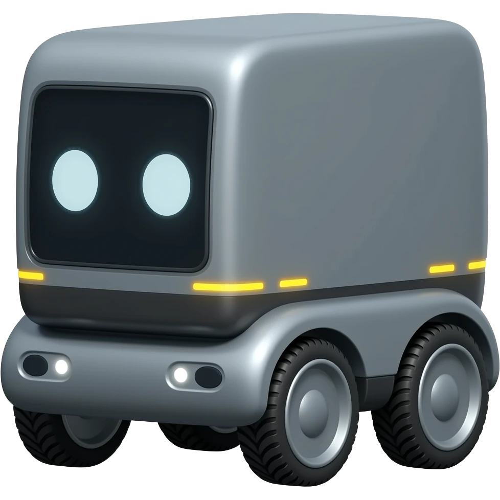 Dark grey solid rectangle with 4 wheels  and a display shows a white robot eyes as the delivery robot emoji