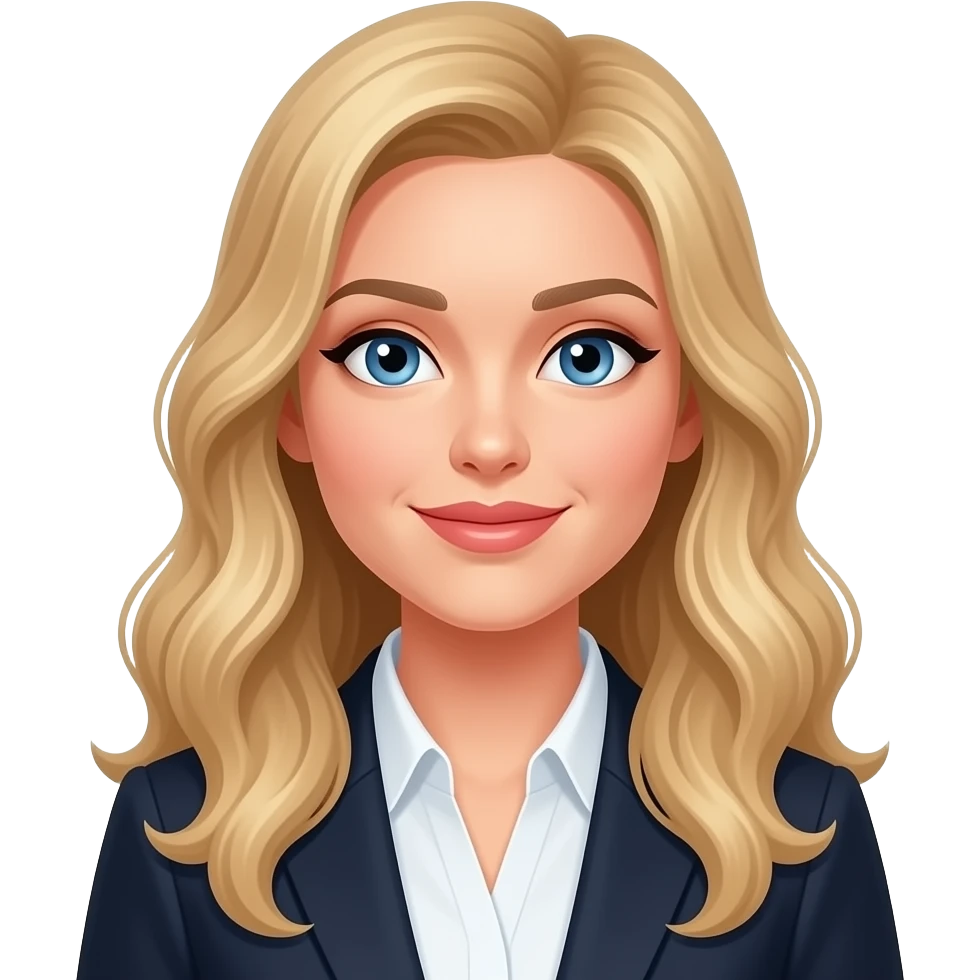 woman, blue eyes, late twenties, blonde hair, long wavy hair, smart outfit emoji