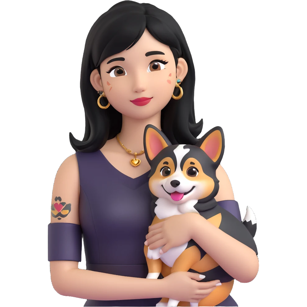 expressive emoji of an Asian girl with long black hair with wispy deep side-parted bangs, false lashes, a 3/4th sleeve tattoo on her left arm, wearing a black sleeveless leather dress with gold earrings, hugging a joyful tri-color Corgi, simple emoji-like, 3D emoji style emoji