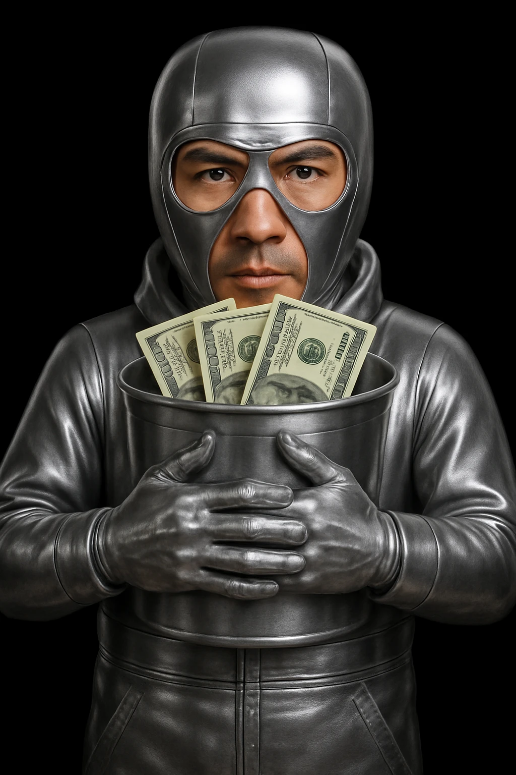 Replace the cartoonish green dollar bills with realistic-looking US dollar bills, keeping the rest of the image unchanged. The bills should have authentic details and textures, aiming for photorealistic style with fine details and textures on the bills. emoji