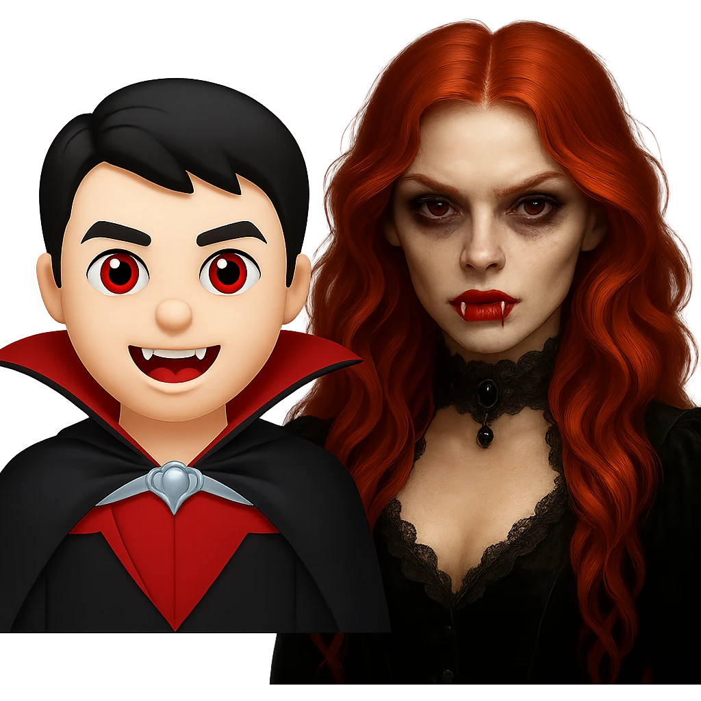 Combine the ginger-haired vampire girl and a classic vampire emoji in a fun composition, both characters clearly visible. Maintain a transparent background. The style should blend the look of a classic vampire emoji with the unique features of the ginger-haired vampire girl. emoji
