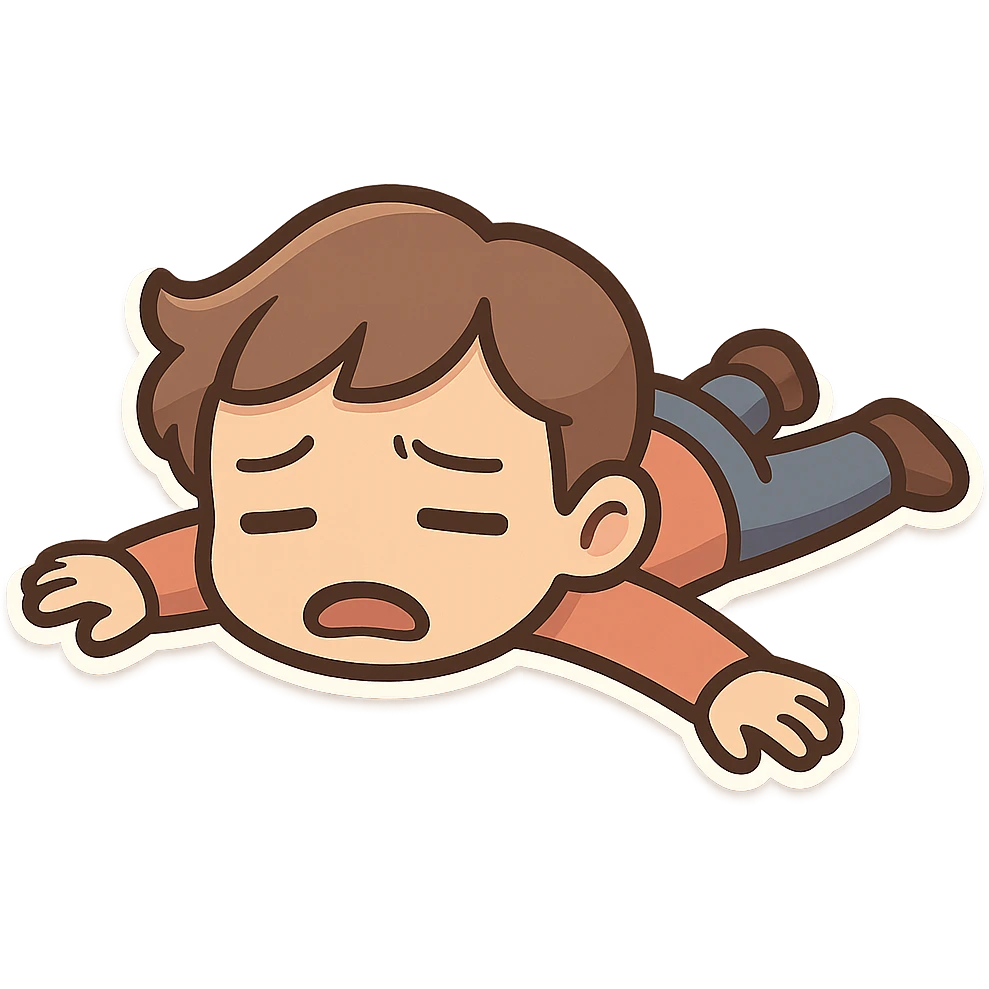cartoonish emoji of a person laying spread eagle on the ground, looking exhausted and defeated, but not too dramatic, suitable for expressing 'not another hard time!' or 'you're kidding me!' moments emoji
