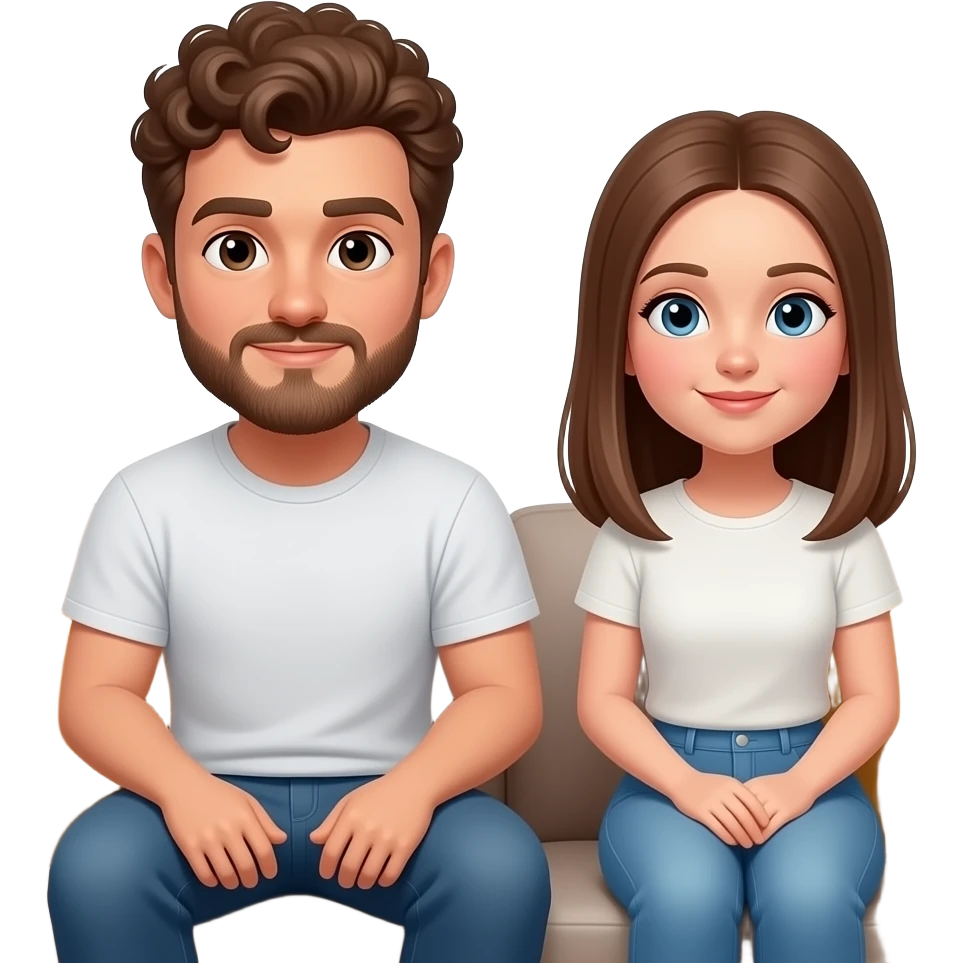 Realistic white man brown super short curly hair with beard being cozy with realistic white girl brown straight hair on couch emoji