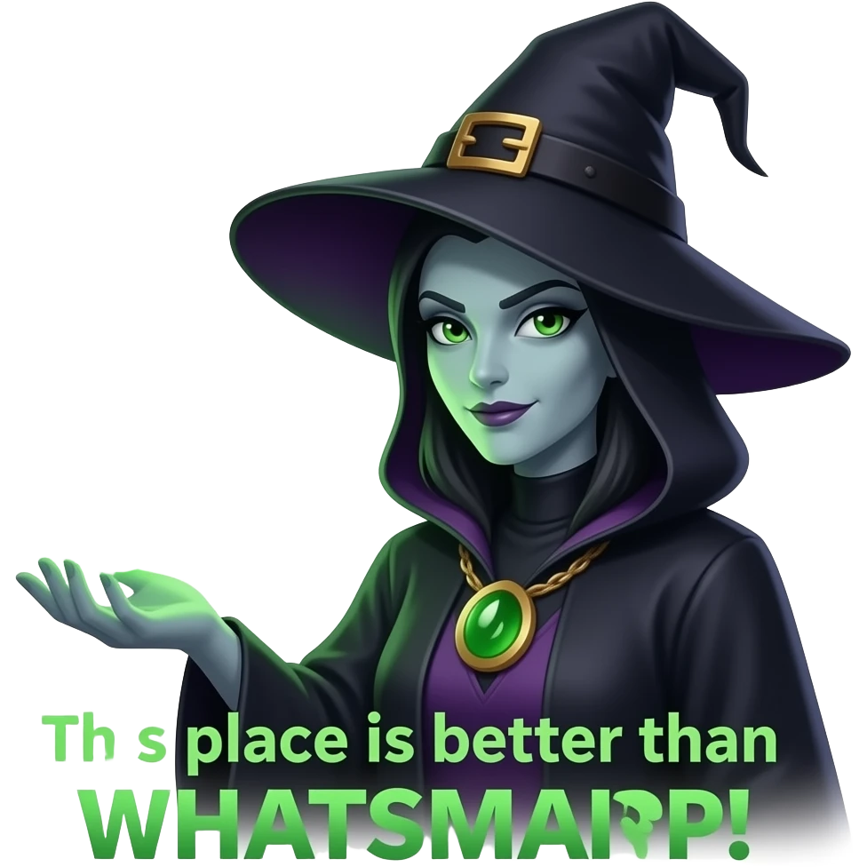 A dark sorcerer’s evil witch and logo, hand holding a 'WhatsApp' logo burning with green magical flames. A liquid creampy, text over: 'This place is better than WHATSAPP!'. Cinematic lighting, high-contrast emoji emoji
