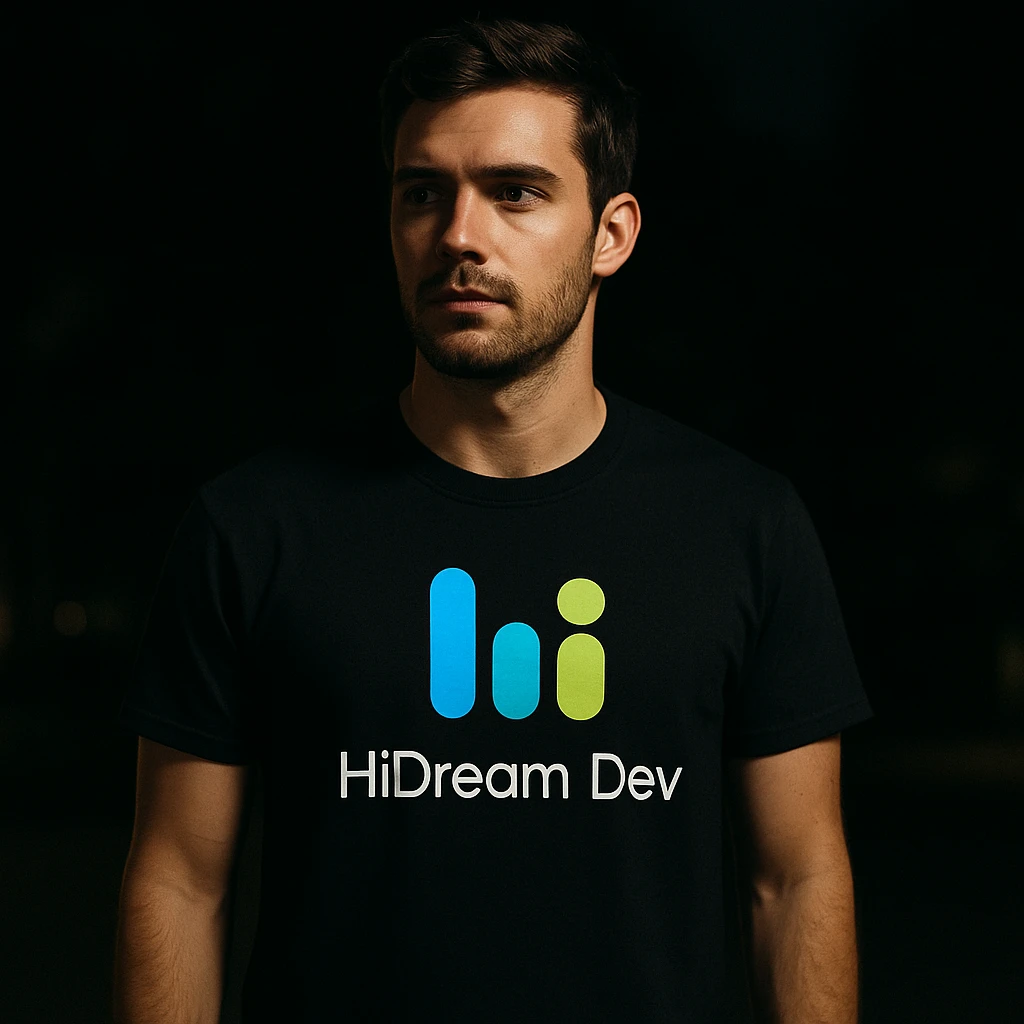 man wearing tshirt with this logo, dark night background with dim  emoji