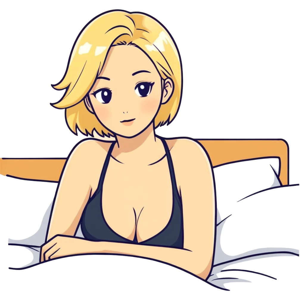 Thick. Blonde. woman. Big tits. On bed  emoji