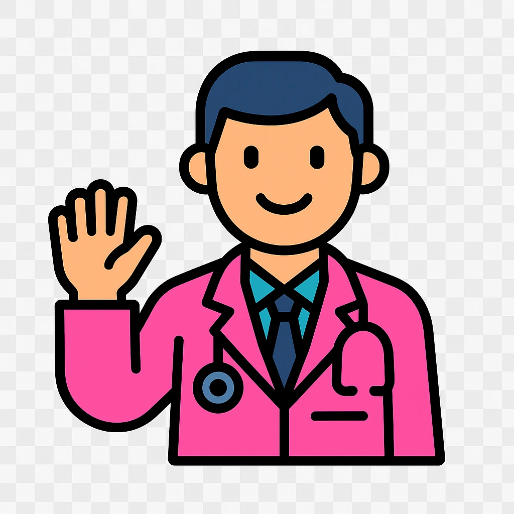 a doctor in a pink lab coat, waving, minimal style, white background emoji