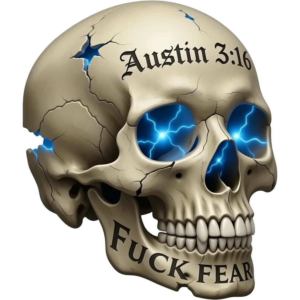 human skull, partially missing pieces equally all over, FUCK FEAR carved on jaw, same gothic font, slightly open, teeth slightly chipped, Austin 3:16 carved in forehead, eye & nose cavity with intense blue electric glow, words in a BLACK GOTHIC FONT, entire skull is aged, sun dried, weathered emoji