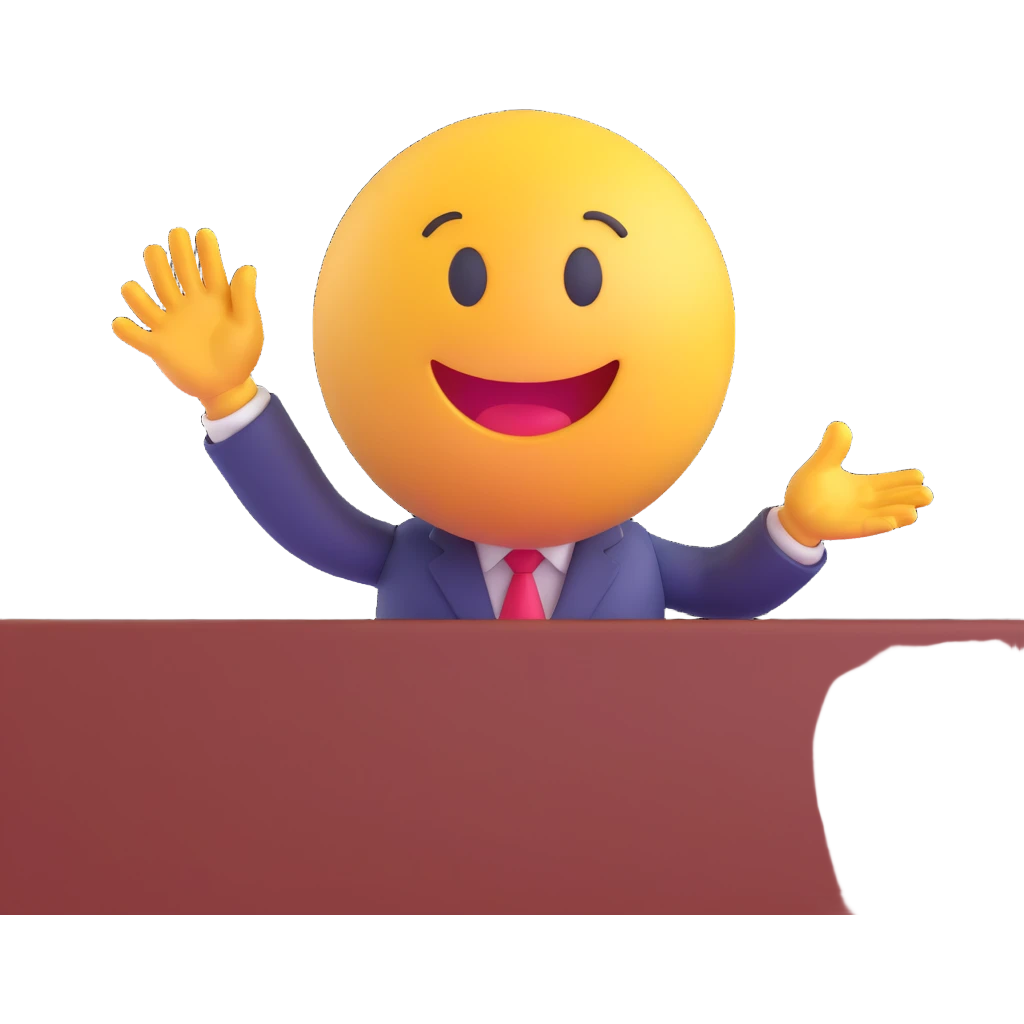 3D smiley emoji, round shape, student giving presentation, red color, confident face emoji