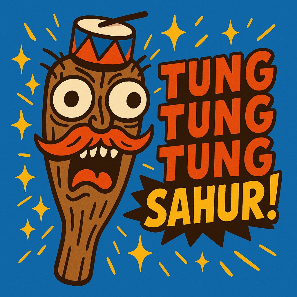 wild wooden club-shaped emoji with bug eyes, carved face, wild mustache, drum hat, sparkles, chaotic brainrot energy, shouting 'TUNG TUNG TUNG SAHUR!', bold expressive style emoji