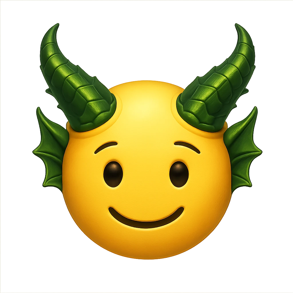 yellow face with green dragon horns emoji, digital illustration emoji