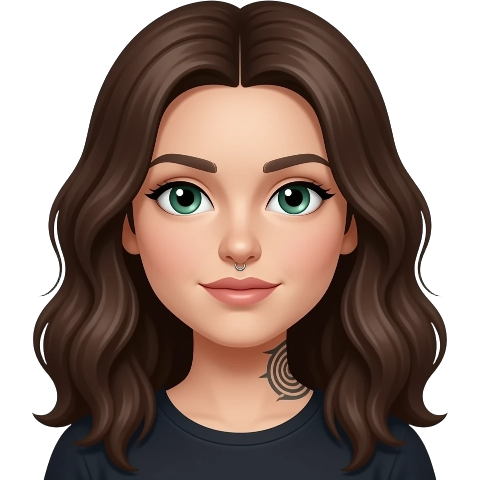 white long wavy haired brunette woman with one green eye one blue eye tattoos a philtrum piercing and a thin streak of grey hair emoji