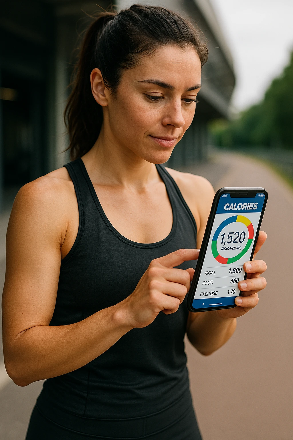 Donna sportiva che usa app contacalorie come myfitnesspal emoji