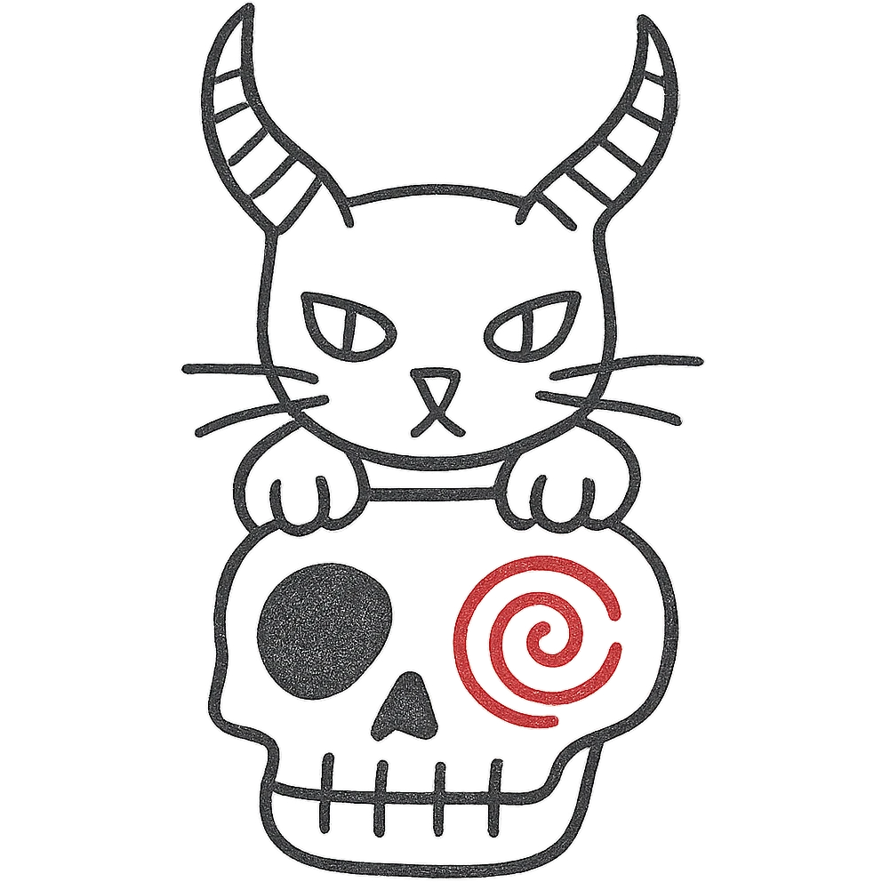 Remove the lollipop from the cat's horn, keep the hand drawn style with bold lines and no fill, preserve the red spiral on the skull, transparent background. emoji