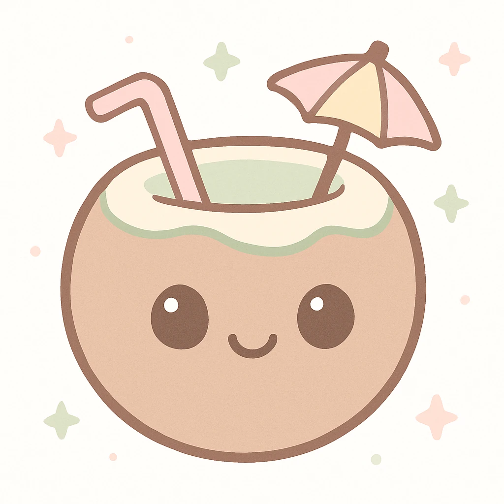kawaii style coconut drink with a smiling face, pastel brown and green colors, and a tiny umbrella emoji