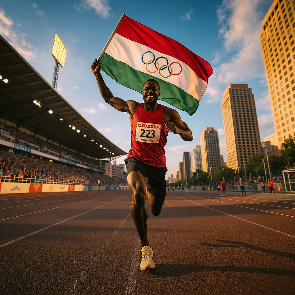 happy runner waving a flag of Olympic emoji
