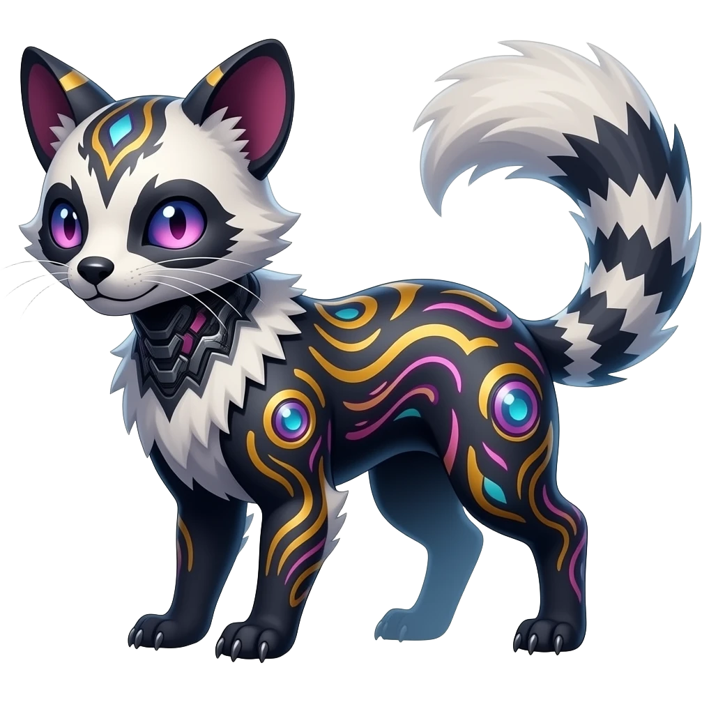 Rare warm-colored exotic edgy epic aesthetic gloomy spooky dark modern colorful cyber-Genet-Trico-Salandit-Civet-species-Fakemon-hybrid-creature, with beautiful intricate markings, full body emoji