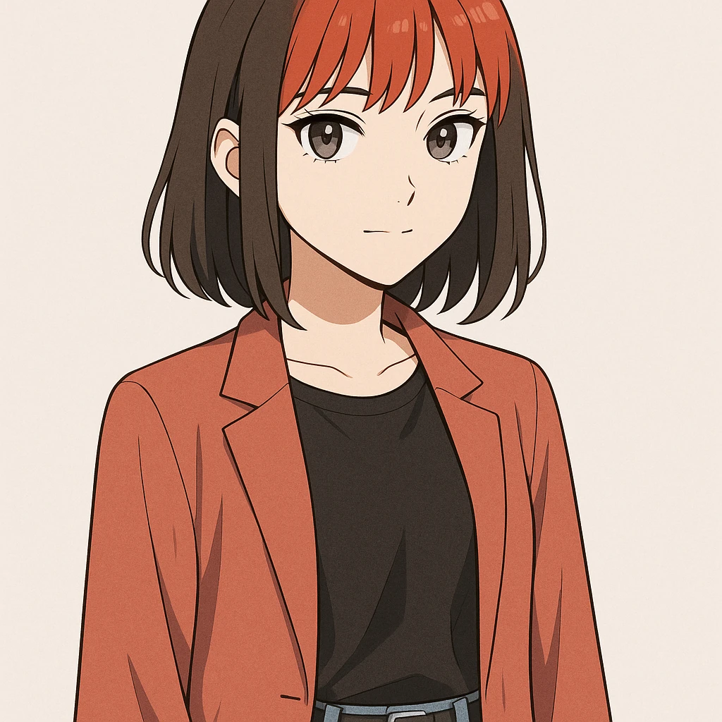 anime illustration, young brunette woman, grey eyes, salmon red bangs, modern outfit, clean lines emoji