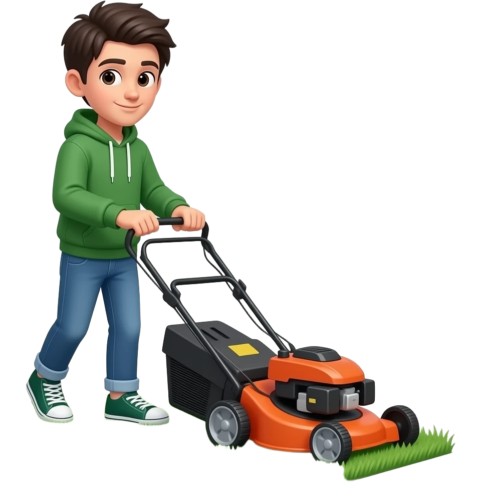 gen Z boy mowing the lawn with a lawn mower emoji