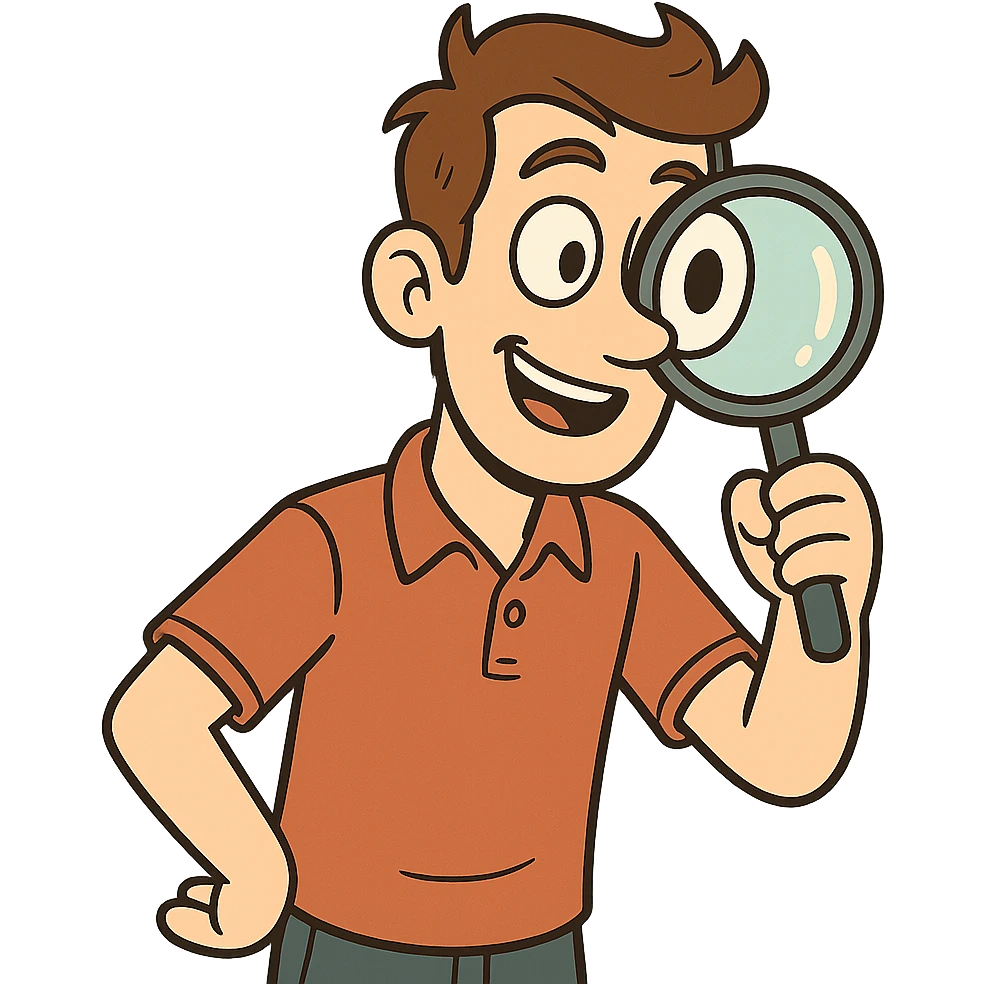 young man with magnifying glass, curious and cheerful expression, comic style emoji