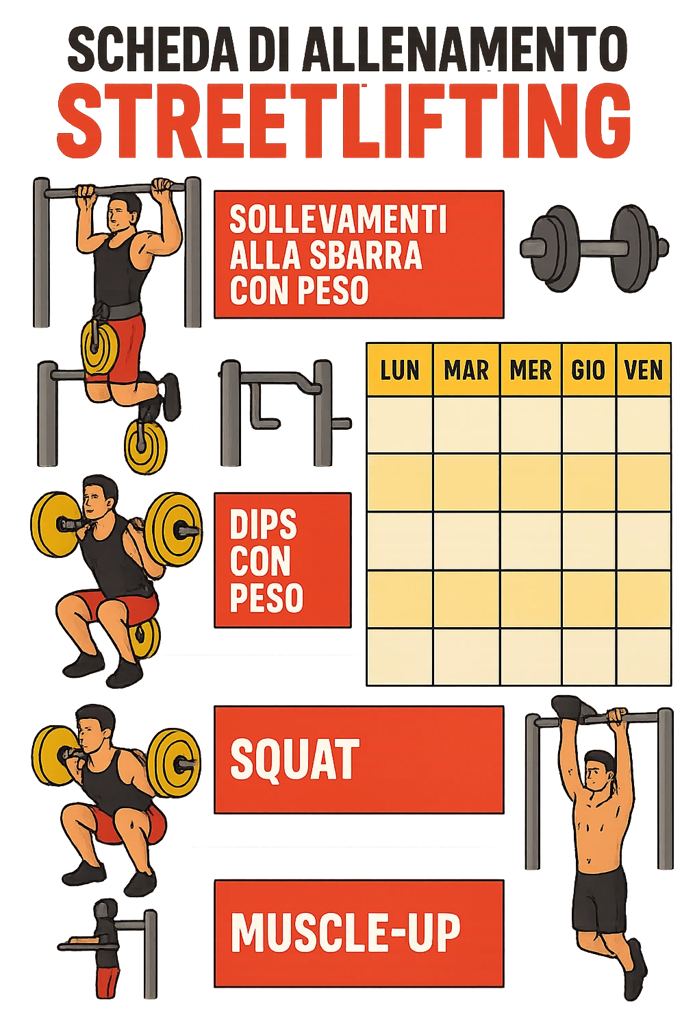 a streetlifting training sheet with icons for each exercise—weighted pull-ups, weighted dips, squats, muscle-ups—organized in a weekly schedule. Around the sheet, small illustrations show athletes performing each movement with proper form. The color palette is bold and energetic, and the background is clean and minimal. in italiano emoji