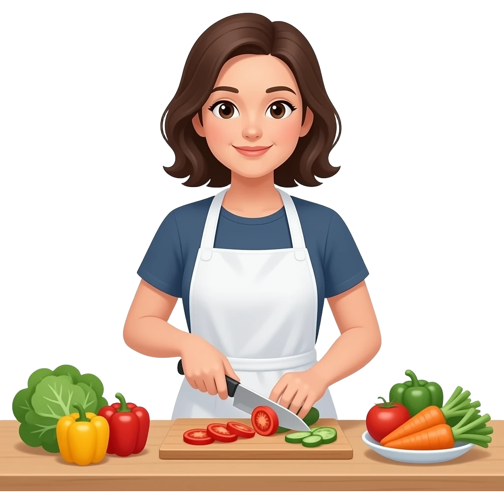 woman cooking in kitchen, calm and relaxed expression, slight smile, minimal vector style, soft colors, consistent style, same character design, no background emoji