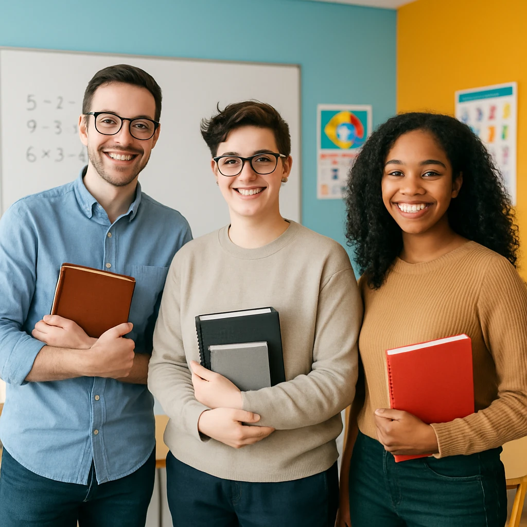 a group of three young teachers, male, female, gender neutral, standing together, diverse, friendly, modern classroom background emoji
