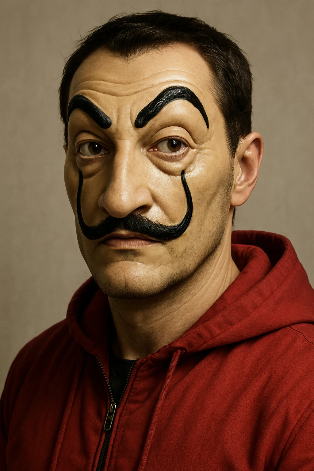a man wearing a La Casa de Papel (Money Heist) mask, realistic style emoji