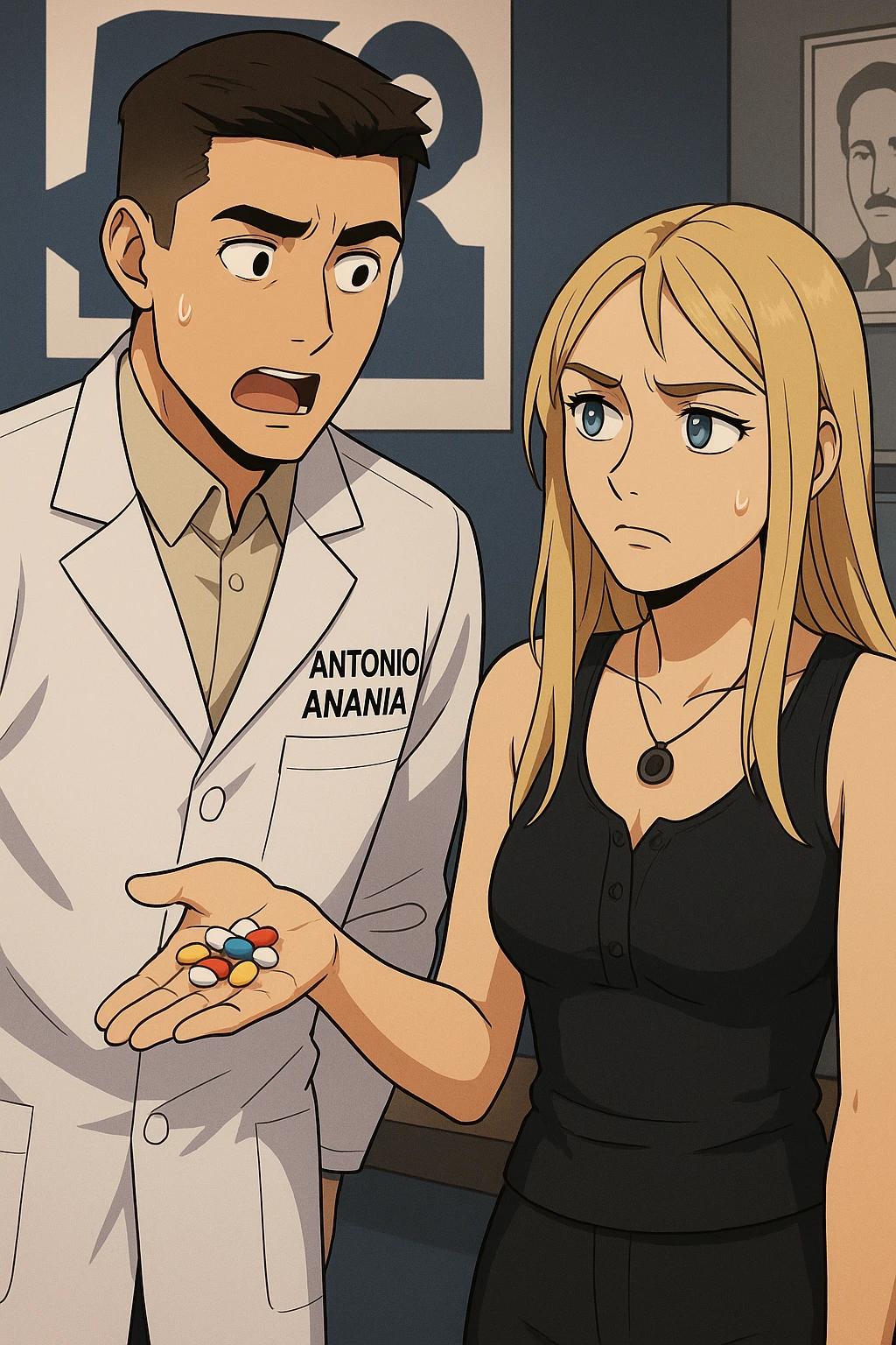 fai un webtoon/manga a colori con questo kinesiologo in camice bianco (fagli la scritta "ANTONIO ANANIA" SUL CAMICE) CHE PARLA CON QUESTA RAGAZZA CON GLI OCCHI AZZURRI. LA RAGAZZA HA UN PUGNO DI INTEGRATORI IN MANO (TANTE PILLOLE DIVERSE) E LE GUARDA DUBBIOSA. IL KINESIOLOGO CON IL CAMICE BIANCO LE DOMANDA UNA COSA SCIOCCATO. NON FARE I FUMETTI, FAI SOLO LORO COME SE DIALOGASSERO emoji