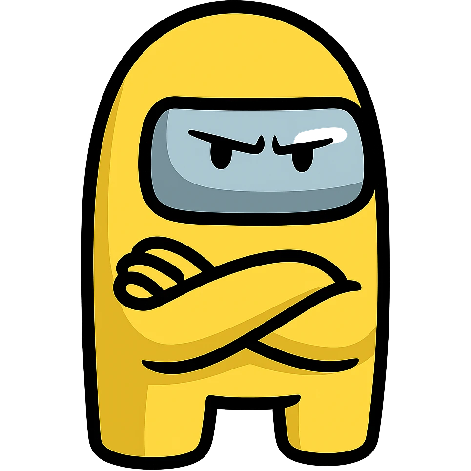 Create an Among Us crewmate character in yellow, arms crossed, angry expression, transparent background, in a style suitable for editing and clear character depiction. emoji