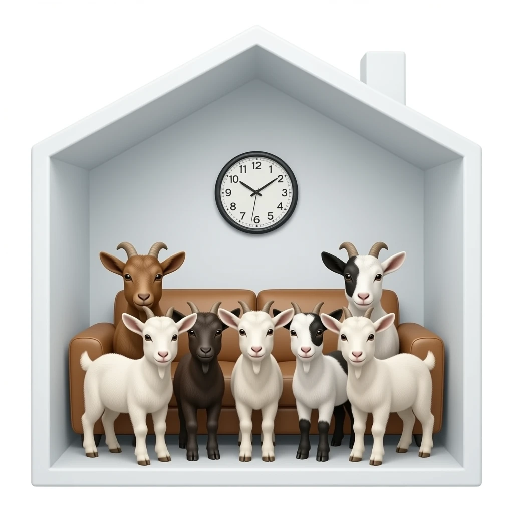 siete cabritas dentro de una casa con un sofa, un reloj... que sea realista emoji