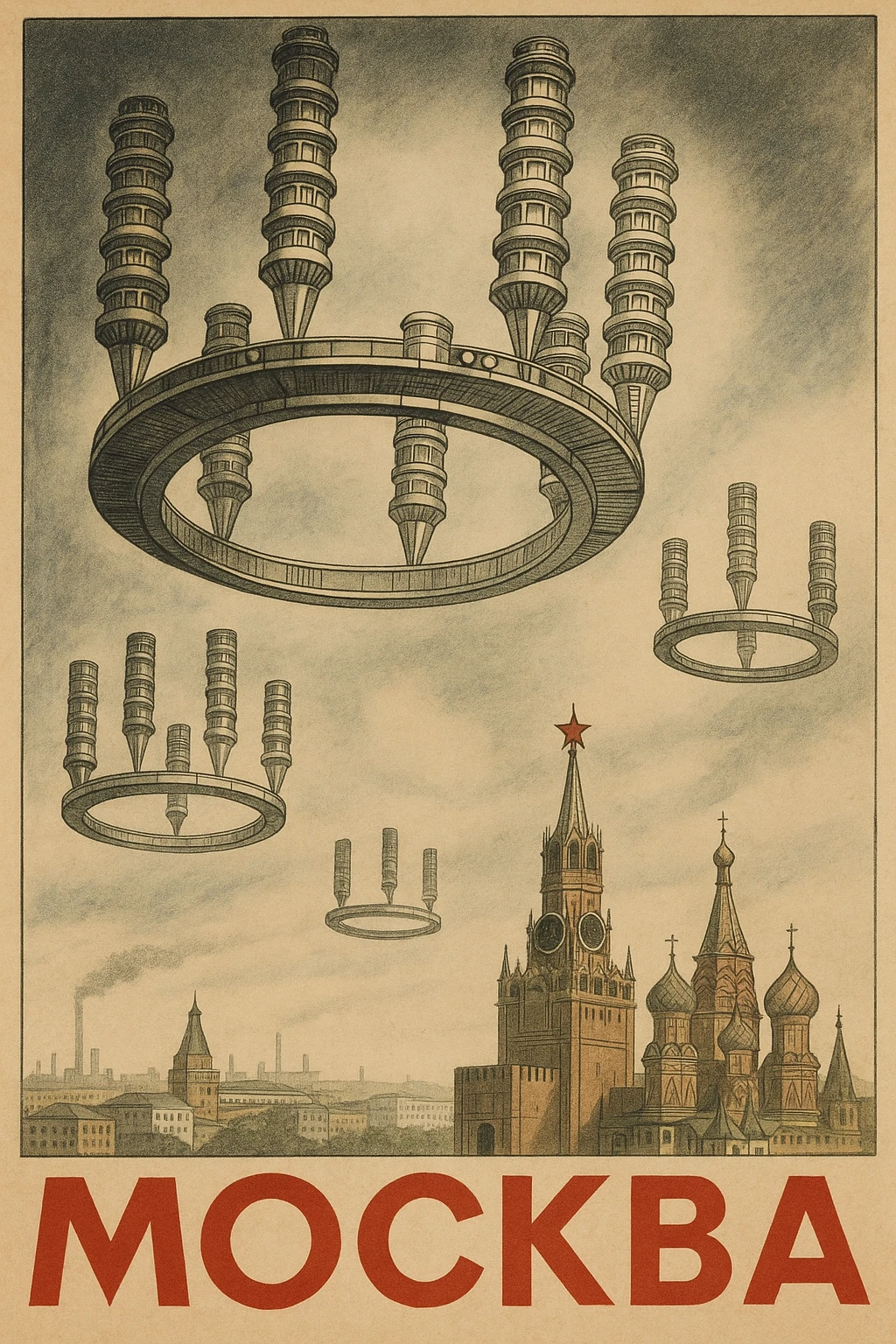 Открытка в стиле СССР где изображен летающий город в СССР 1920-х годов Георгия Крутикова, подпись Москва emoji