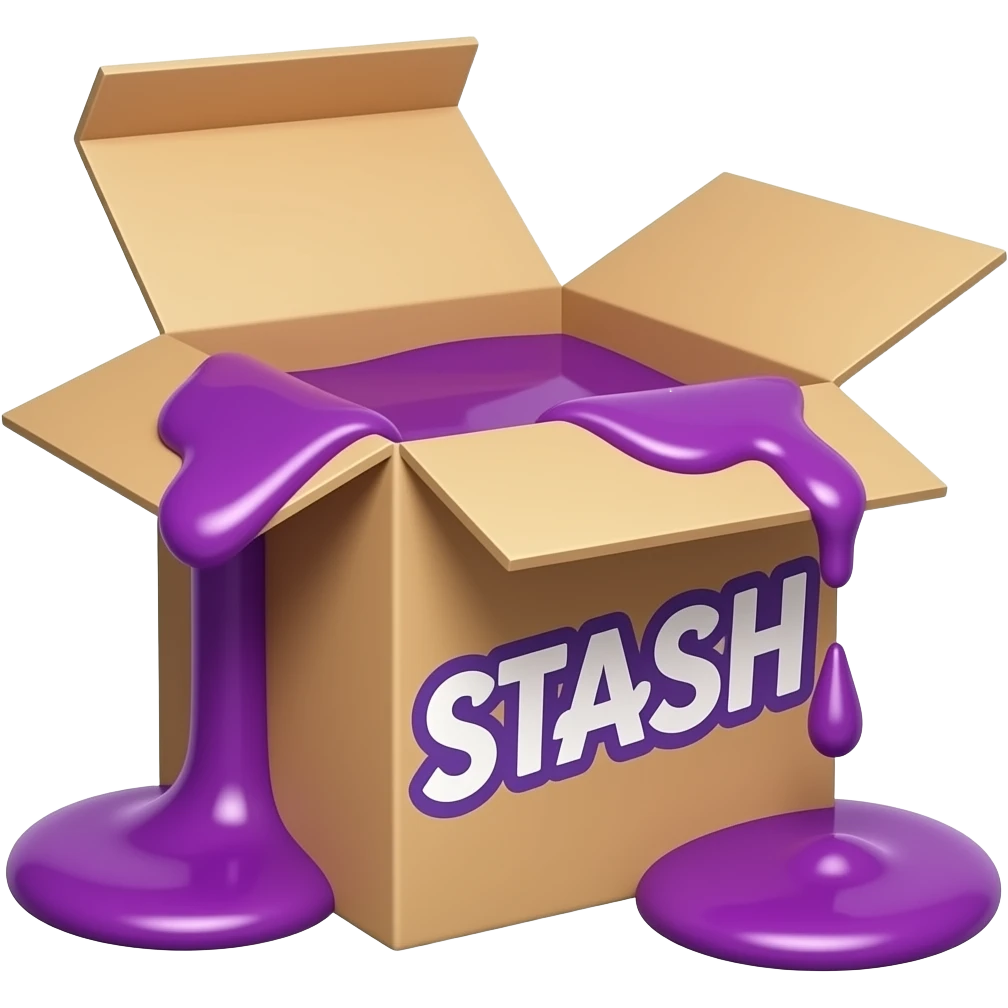 a box with purple syrup flowing out of it and a large inscription on the box saying "STASH" emoji