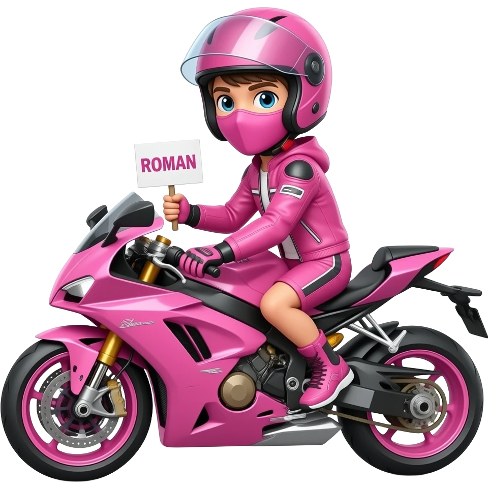 sexy boy with a motorcycle helmet in pink clothes and a pink motorcycle wearing a pink mask holding a -ROMAN- sign emoji