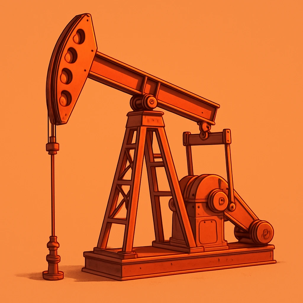 Сгенерируй мне нефтекачалку в мультяшный реалистичный стиль, мягкий тёплый свет, чистые контуры, детализировано, гладкая цифровая отрисовка, оранжево-красная цветовая палитра. На однородном фоне. Металическую emoji