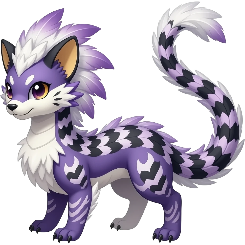 Scroll-patterned majestic feathery elegant realistic Furry, feathery fluffy tropical flecked painted feathery scaly, Purple, white, black, Minccino-Bambino-Lykoi-Linoone-Zangoose-fusion-hybrid-animal-Fakémon-creature, full body, thin long sleek scaly tail, intricate markings emoji