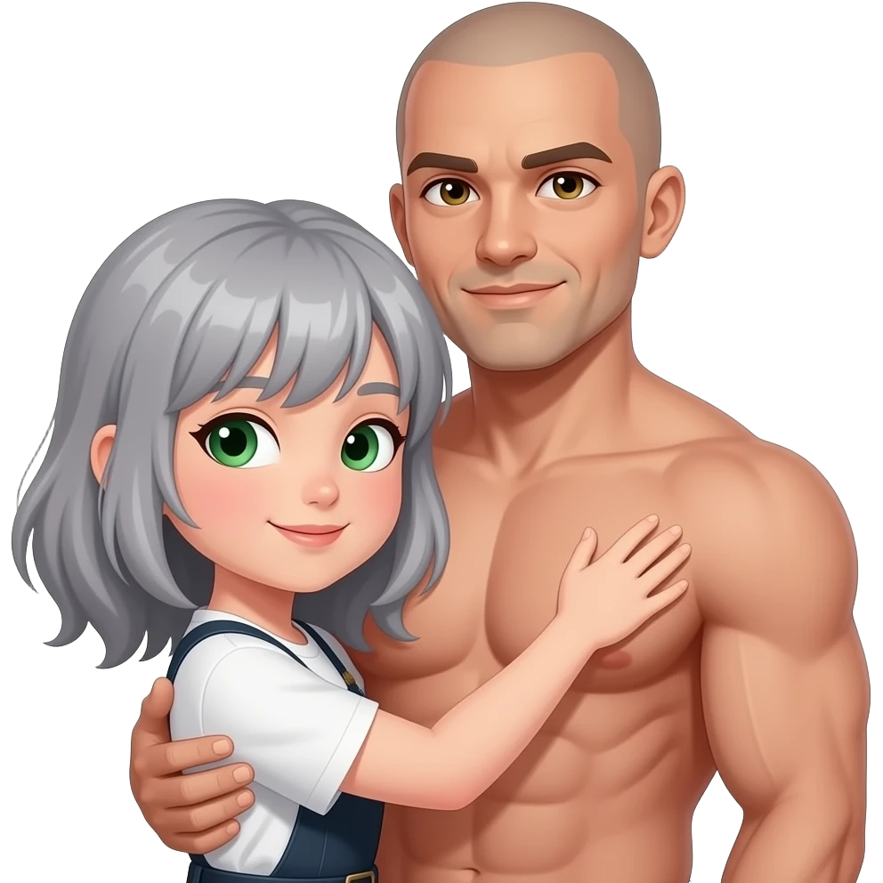 Thank you so much. Light gray hair shoulder a length green eye girl hugging a musculare, brown eyed bald headman emoji