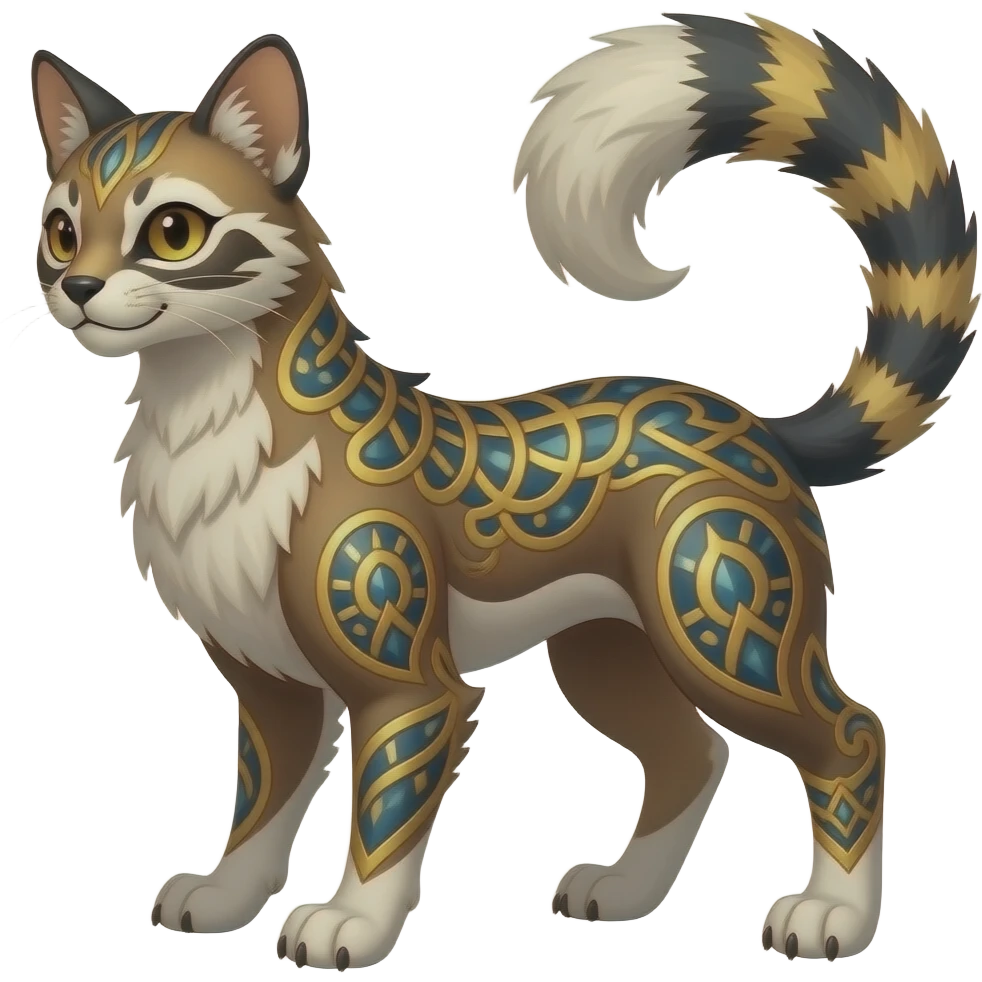 unique-patterned finned epic legendary vintage antique aesthetic quadrupedal elegant oriental feral painted fantasy-Civet-Litten-Luxray-Shinx-Luxio-Furret-Renamon-Fakémon-fusion-hybrid-creature emoji