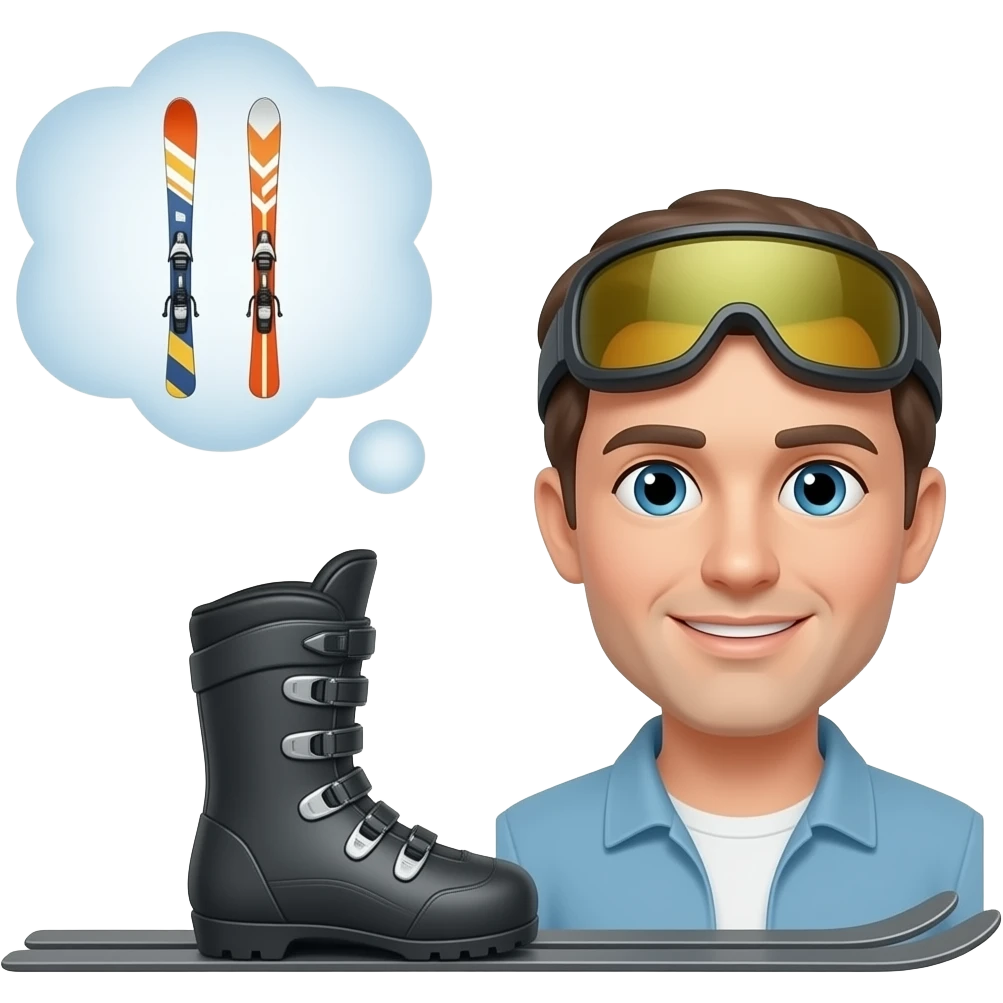 Jemand hat Skischuhe an, aber keine Skier und über ihm ist eine Denk Blase, und da drin sind die Skier emoji