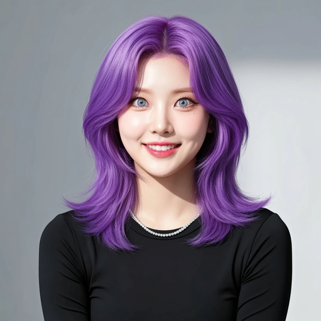 kpop girl with purple hair, cute, expressive, minimal emoji