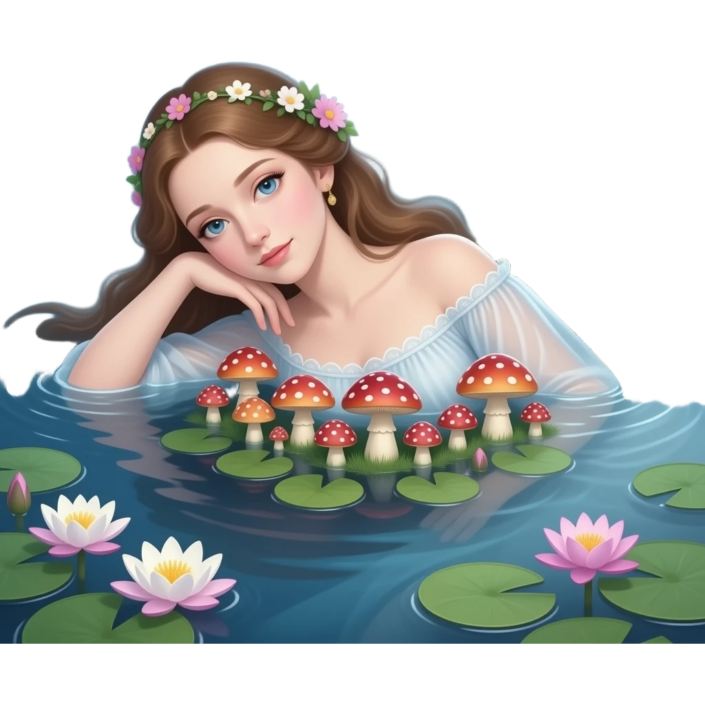 ethereal Ophelia lies in the water wrapped in toadstool and water lily - a scene from the original painting by John Everett Miles emoji