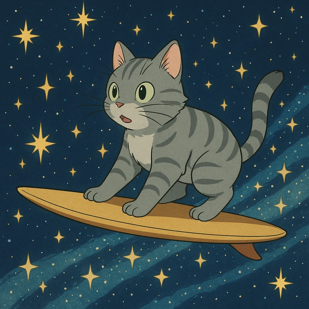 anime style silver cat riding a surfboard among stars emoji