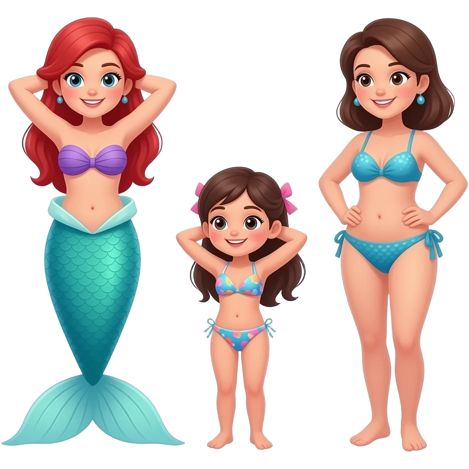 A cartoon 2D mermaid moving her belly with hands behind her head and a little girl and her aunt who are in bikini also do the same move!. emoji