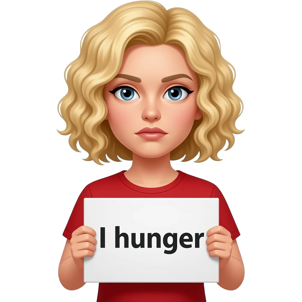 blonde tight curly bobr holding I hunger sign serious face in a red shirt emoji