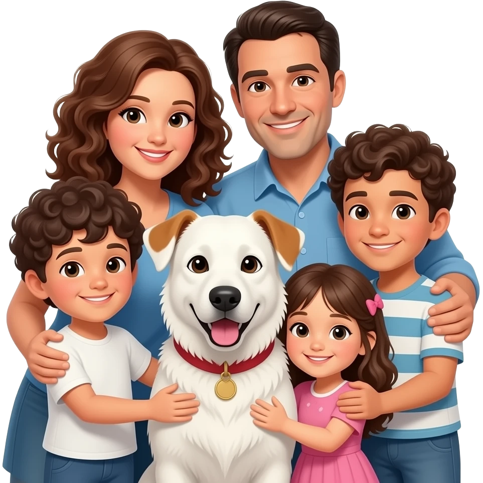 Italian family with curly hair of 5 mom dad 2 sons 1 daugher hugging 1 white hound mix emoji